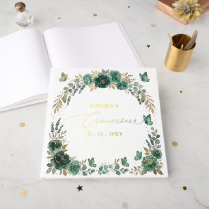 Emerald Gold Butterflies Floral Quinceañera Guest Book
