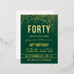 Emerald | Gold Confetti 40th Birthday Party Foil Invitation Postcard<br><div class="desc">Emerald | Gold Confetti 40th Birthday Party Foil Postcard Invitations. This formal, elegant, trendy, modern fortieth birthday party invitation is suitable for men or women. It comprises golden clean lines, stylish upper case gothic script and sophisticated gold foil text on an emerald green background with showers of sparkling, shimmering gold...</div>