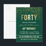 Emerald | Gold Confetti 40th Birthday Party Invitation Postcard<br><div class="desc">Emerald | Gold Confetti 40th Birthday Party Postcard Invitations. This formal, elegant, trendy, modern fortieth birthday party invitation is suitable for men or women. It comprises golden clean lines, stylish upper case gothic script and sophisticated faux gold foil text on an emerald green background with showers of sparkling, shimmering gold...</div>