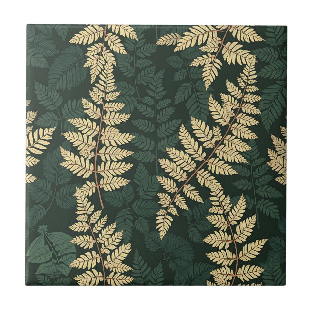 Emerald Gold Fern Forest Pattern Tile (Front)