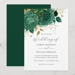 Emerald Gold Floral Rose Wedding   Invitation