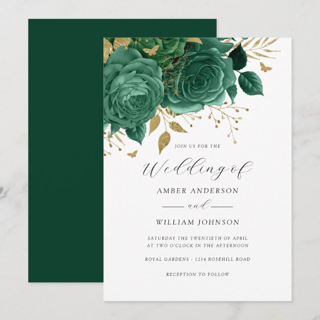 Emerald Gold Floral Rose Wedding   Invitation (Front/Back)