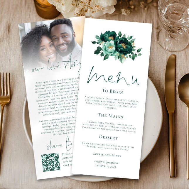 Emerald Gold Florals Love Story Wedding Menu Card (Front and back view)