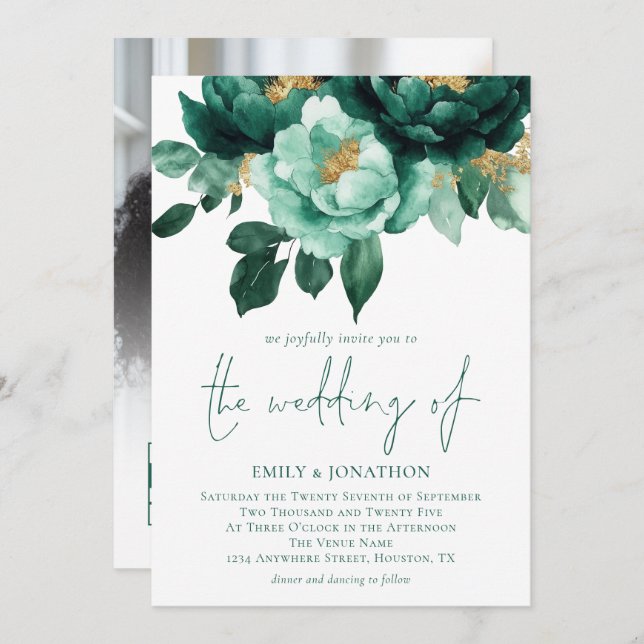 Emerald Gold Florals Photo QR Code Wedding Invitation (Front/Back)