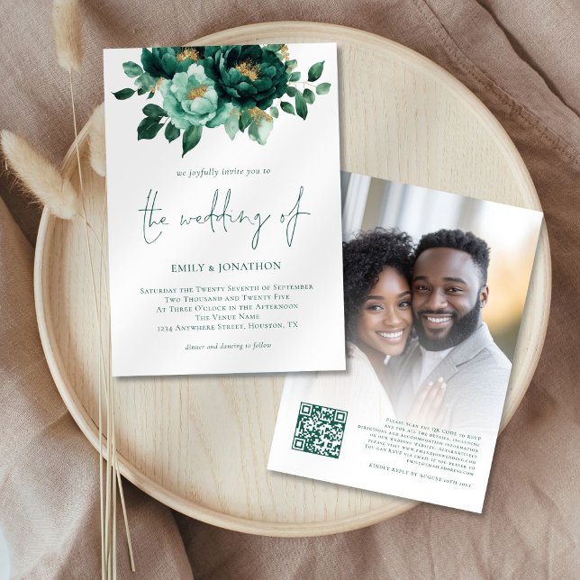 Emerald Gold Flowers Photo QR Code Wedding Invitation (Front and back view)