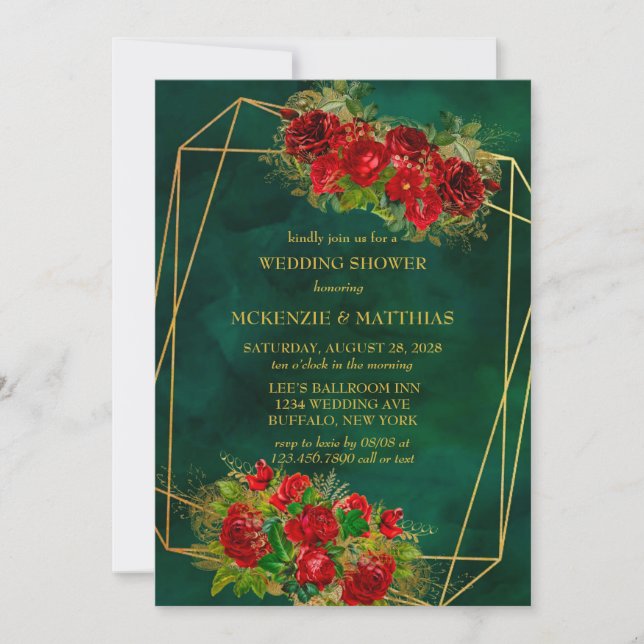 Emerald Gold Geometric Red Florals Wedding Shower Invitation (Front)