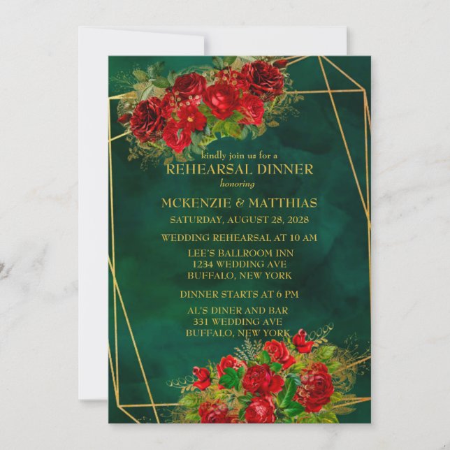 Emerald Gold Geometric Red Rose Rehearsal Dinner Invitation (Front)