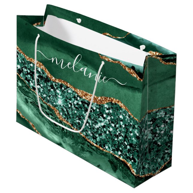 Emerald Gold Glitter Custom Your Name Gift Bag (Front Angled)
