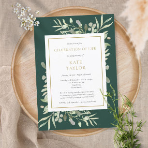 Emerald Gold Greenery Celebration of Life Funeral Invitation