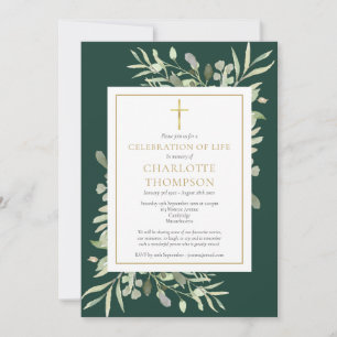 Emerald Gold Greenery Celebration of Life Funeral Invitation