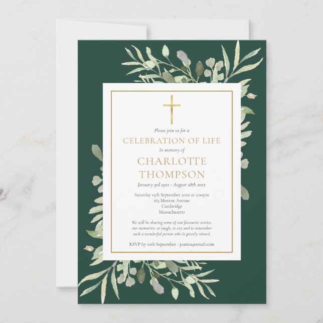 Emerald Gold Greenery Celebration of Life Funeral Invitation (Front)