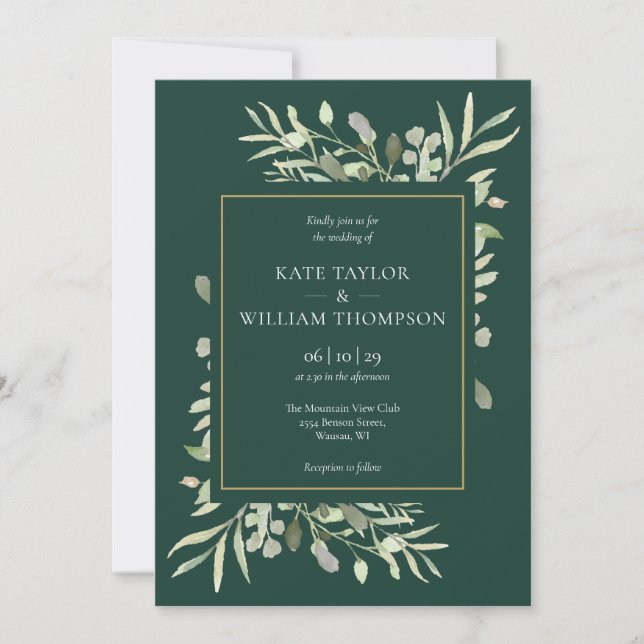 Emerald Gold Greenery Foliage Wedding Invitation (Front)