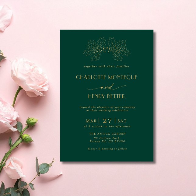Emerald & Gold Holly Tree Leaves Luxury Wedding Invitation (Creator Uploaded)