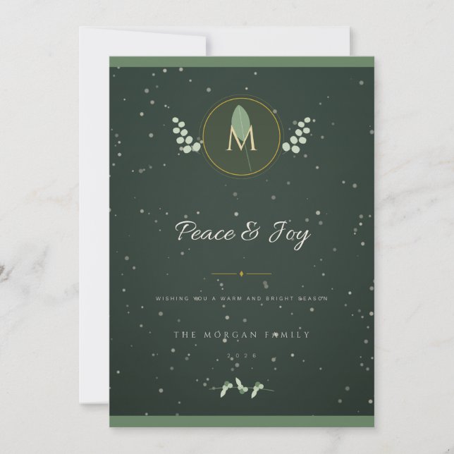 Emerald Gold Laurel Monogram Christmas Card (Front)