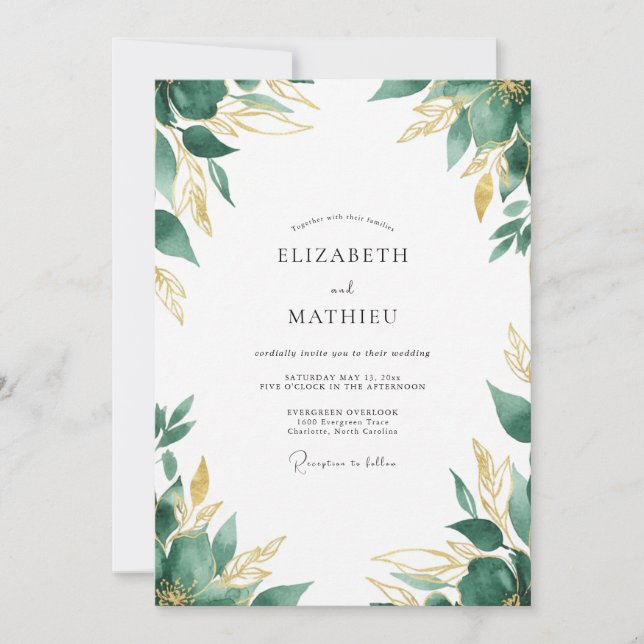Emerald Gold Leafy Wedding Invitation (Front)