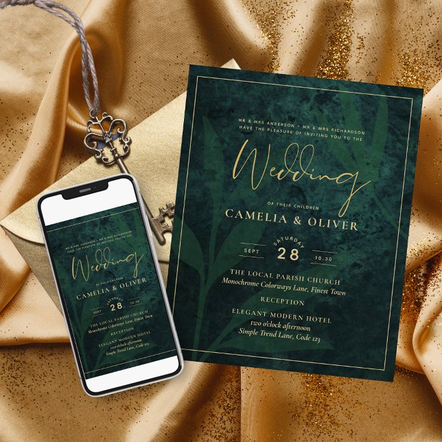 Emerald Gold Leaves Wedding Invitation Digital (Creator Uploaded)