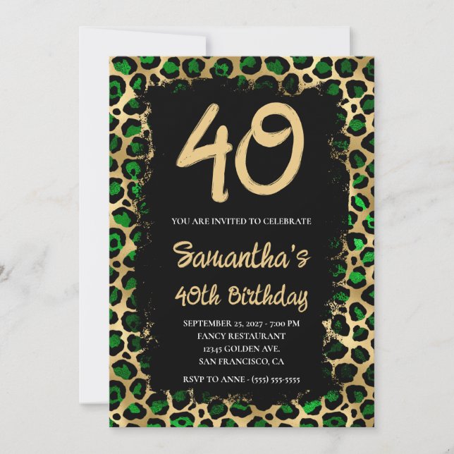 Emerald Gold Leopard Painted Black 40th Birthday Invitation (Front)