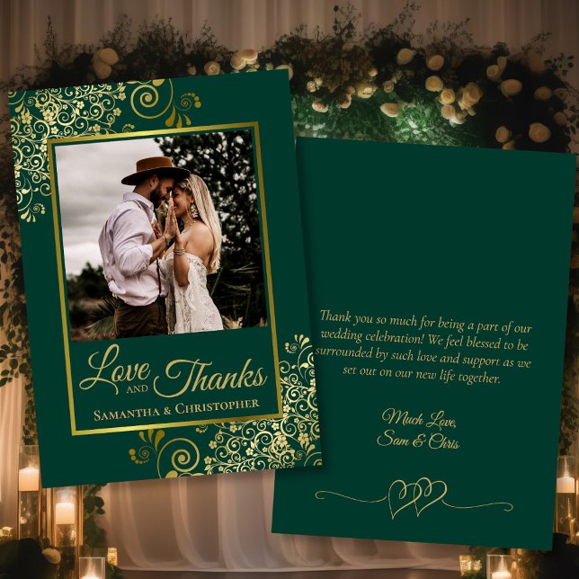 Emerald & Gold Love & Thanks Photo & Note Wedding Thank You Card (Front/Back)