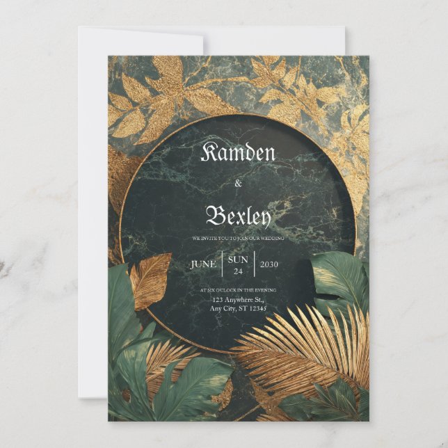 Emerald Gold Marble Tropical VIP Wedding  Invitation (Front)