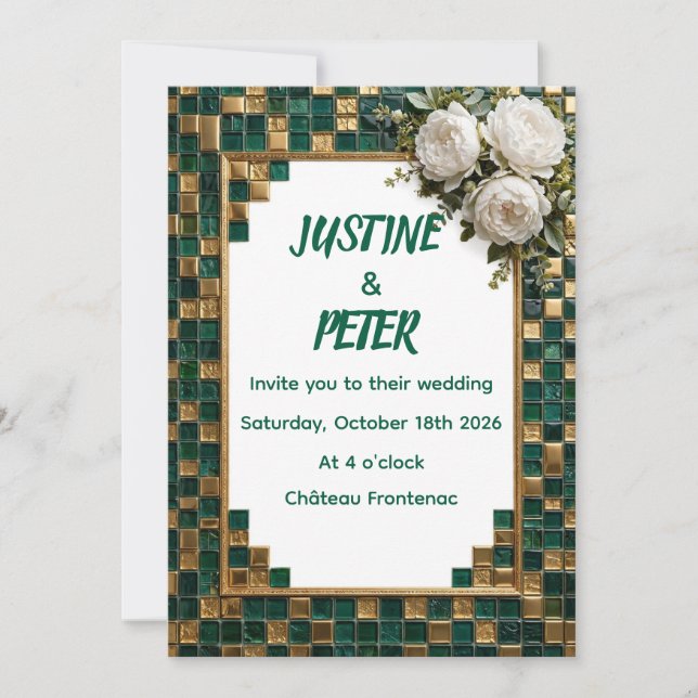 Emerald Gold Mosaic Wedding Invitation White Peony (Front)