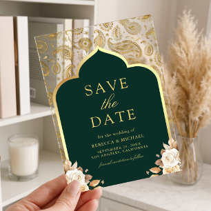 Emerald Gold Paisley Indian Wedding Save the Date Acrylic Invitations