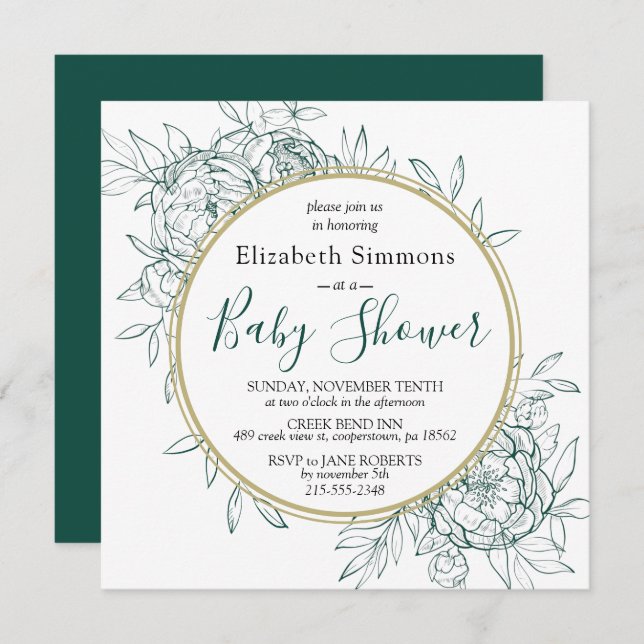 Emerald & Gold Peony Floral Toile Baby Shower Invitation (Front/Back)