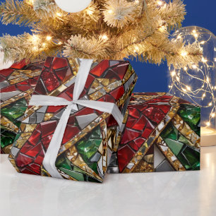 Emerald Gold Red Diamond Christmas Mosaic Wrapping Paper