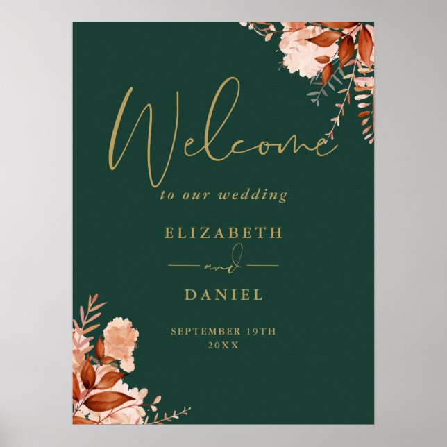Emerald Gold Rustic Floral Wedding Welcome Sign (Front)