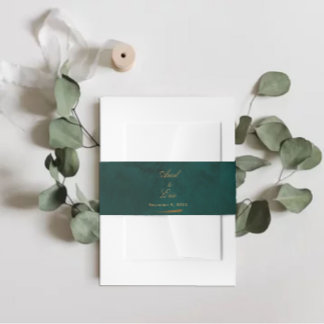 Emerald & Gold Script Font Wedding Invitation Belly Band