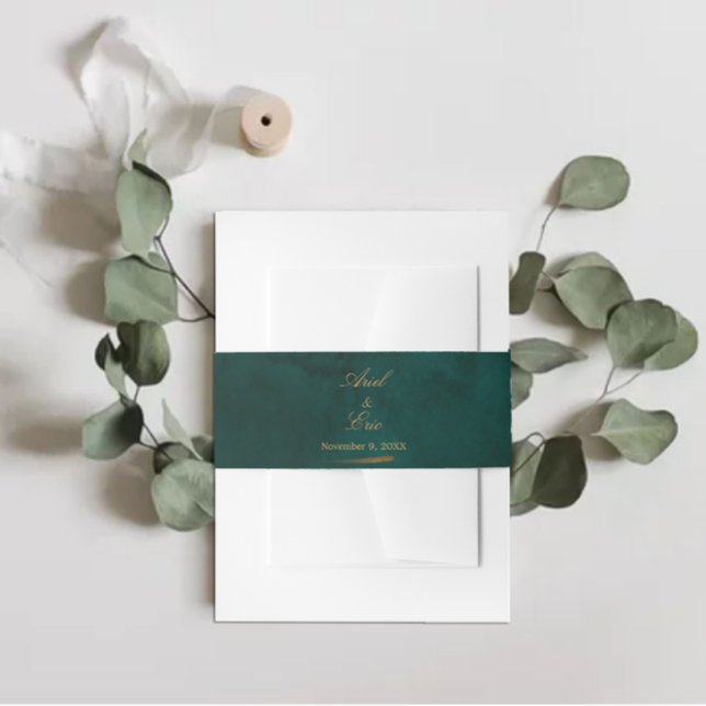 Emerald & Gold Script Font Wedding Invitation Belly Band (Creator Uploaded)