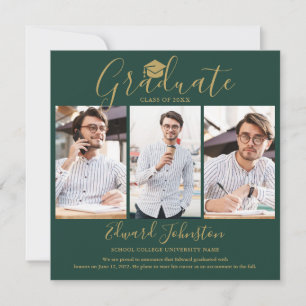 Emerald Gold Script Graduate 4 Photo Graduation Announcement