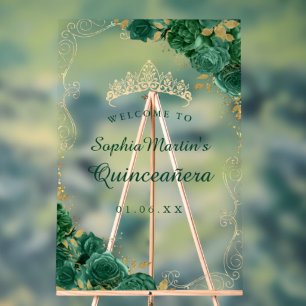 Emerald Gold Swirl Floral Quinceanera Acrylic Sign