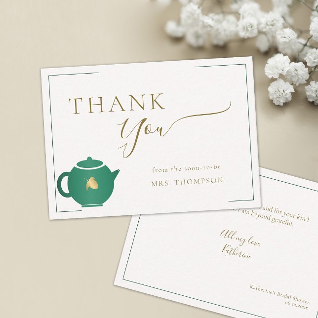 Emerald Gold Tea Elegant Bridal Shower Thank You Card (emerald gold bridal tea party thank you note card future mrs modern frame simple classy elegant)