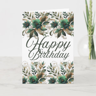 Emerald Gold Watercolor Floral Happy Birthday Gree Card