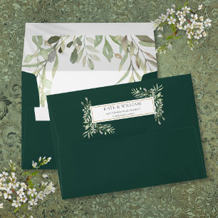 Emerald Gold Watercolor Greenery Return Address Envelope