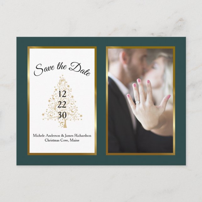 Emerald Gold Winter Wedding Save The Date Photo Announcement Postcard (Front)