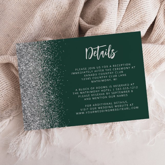 Emerald Gree Silver Glitter Script Wedding Details Enclosure Card (Creator Uploaded)