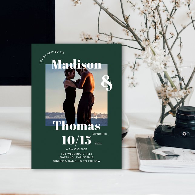 Emerald Green 1 Photo Bold Minimalist Wedding Invitation (Creator Uploaded)