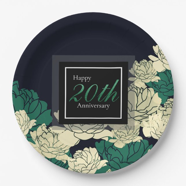 Emerald green 20th anniversary rose print paper plate (Front)