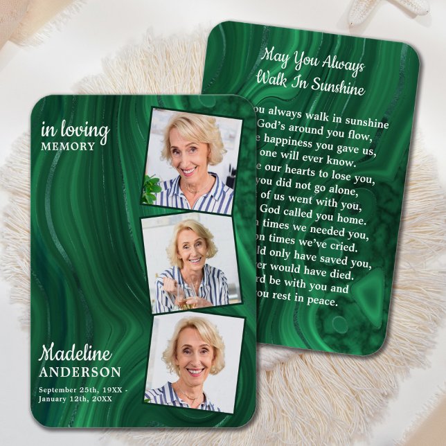 Emerald Green 3 Photo Memorial Funeral Prayer Card (Creator Uploaded)