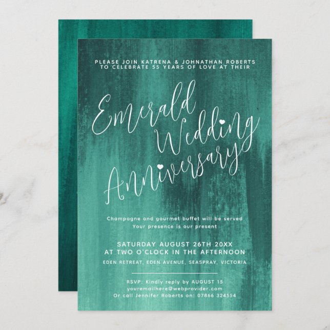 Emerald green abstract art wedding anniversary invitation (Front/Back)