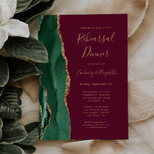 Emerald Green Agate Burgundy Rehearsal Dinner Invitation