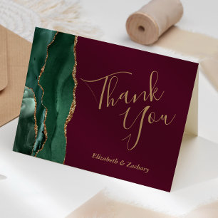 Emerald Green Agate Burgundy Wedding Thank You Card