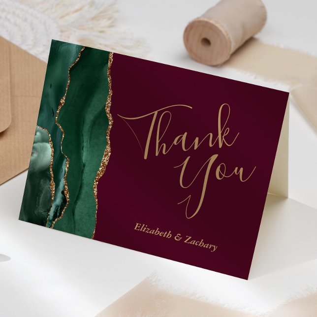 Emerald Green Agate Burgundy Wedding Thank You Card (Creator Uploaded)