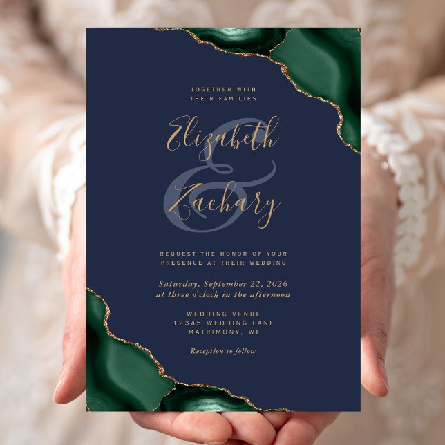 Emerald Green Agate Corners Navy Blue Wedding Invitation (Creator Uploaded)