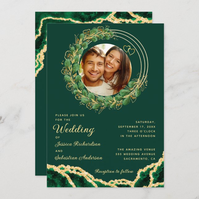 Emerald Green Agate Eucalyptus Jewel Tone Wedding Invitation (Front/Back)
