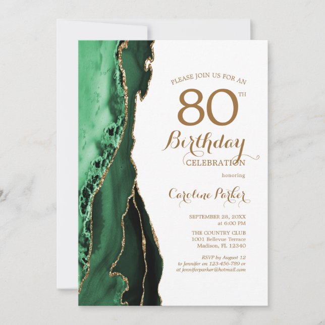 Emerald Green Agate Gold 80th Birthday Invitation (Front)