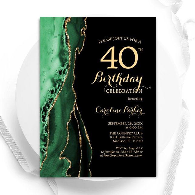 Emerald Green Agate Gold Black 40th Birthday Invitation (Creator Uploaded)