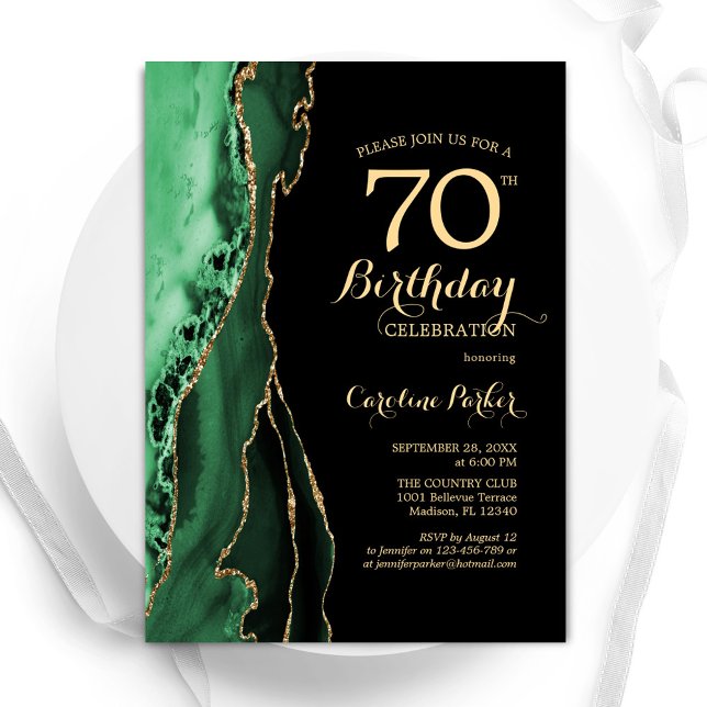 Emerald Green Agate Gold Black 70th Birthday Invitation (Creator Uploaded)