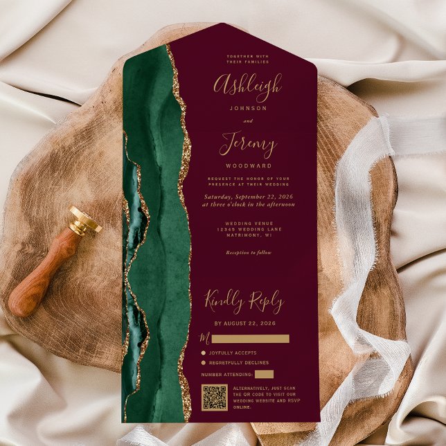 Emerald Green Agate Gold Burgundy QR Code Wedding All In One Invitation (Creator Uploaded)